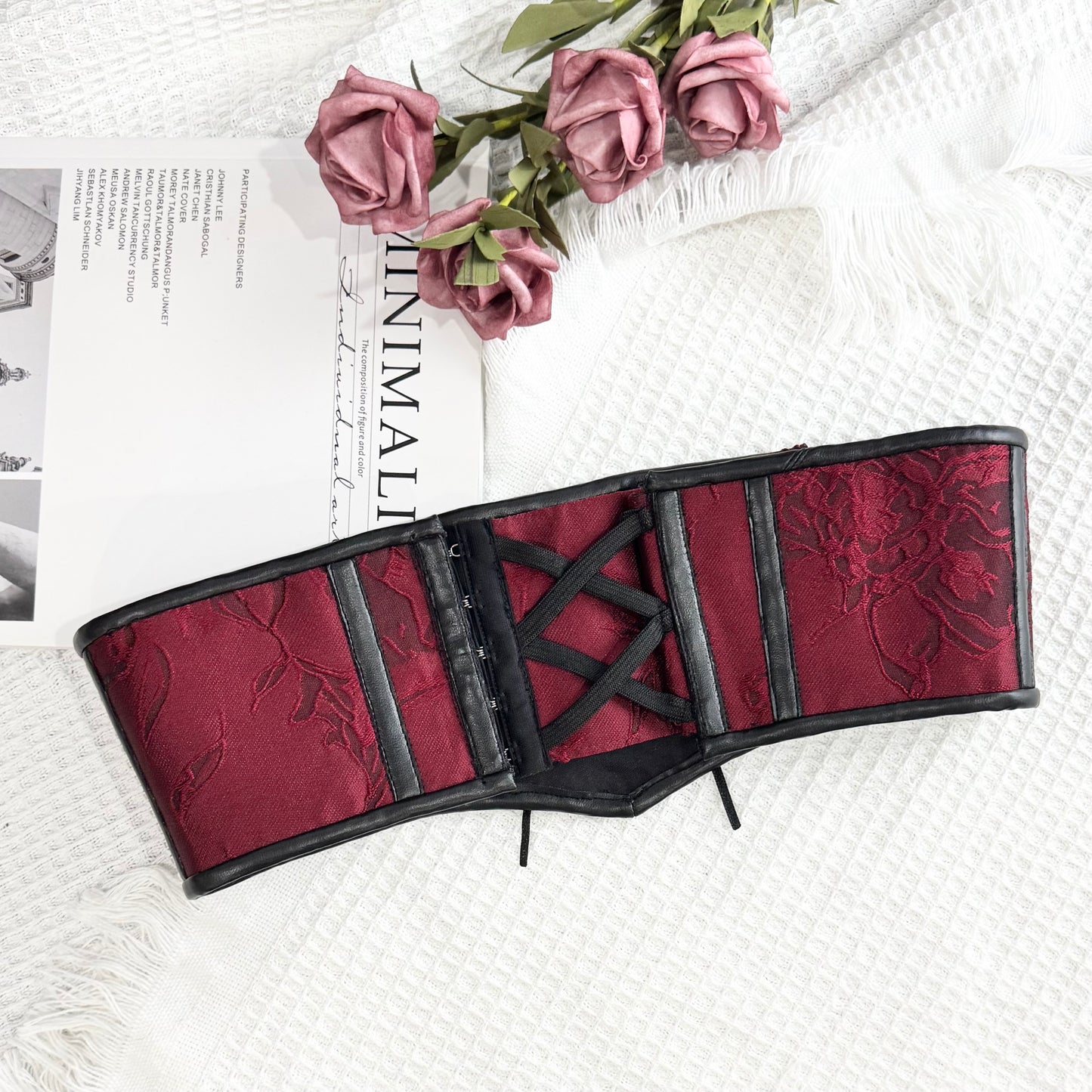 Floral Shadow Pattern Red and Black Waist Croset Belt