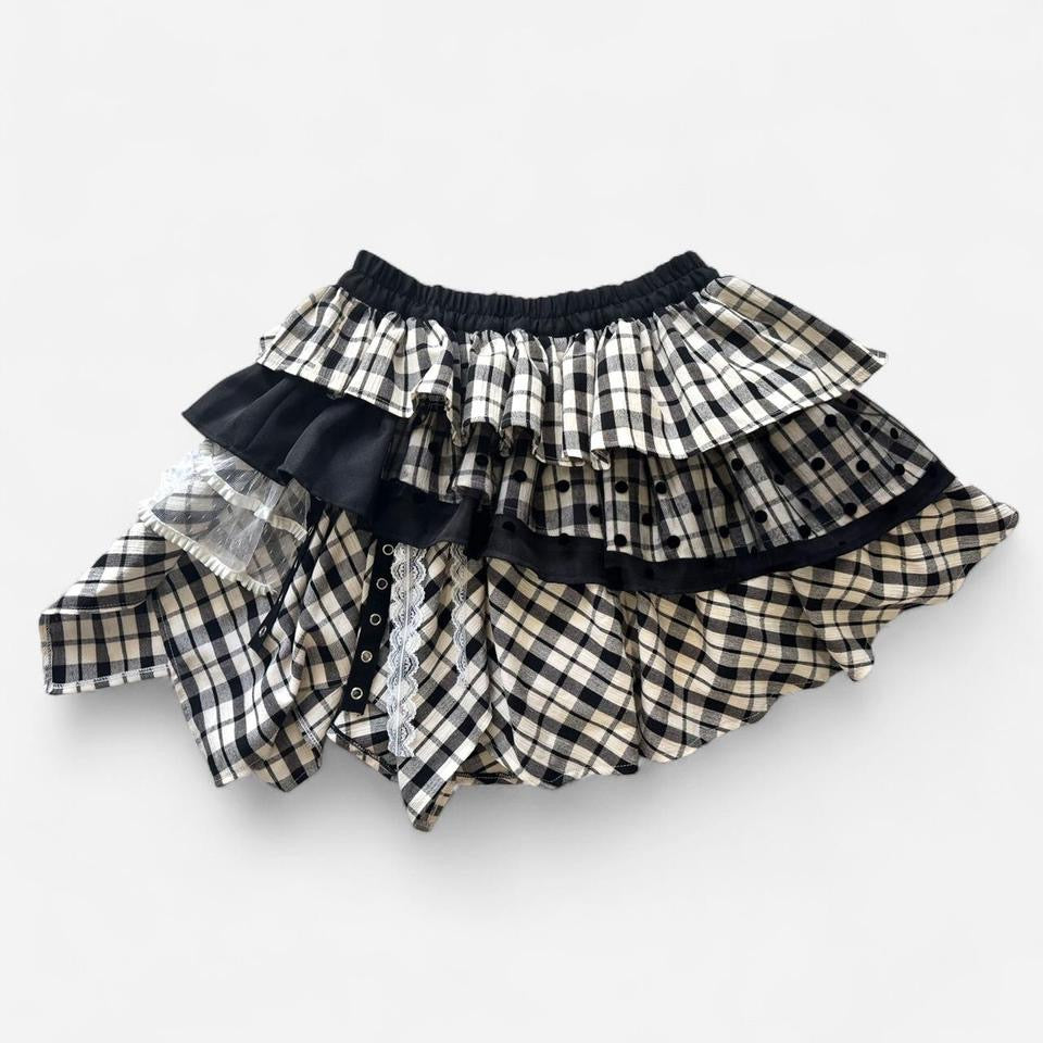 Black & White Plaid Ruffle Asymmetrical Hem Mini Skort