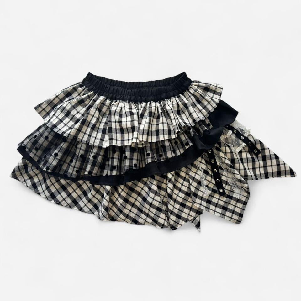 Black & White Plaid Ruffle Asymmetrical Hem Mini Skort