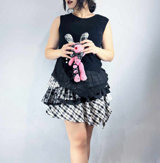 Black & White Plaid Ruffle Asymmetrical Hem Mini Skort
