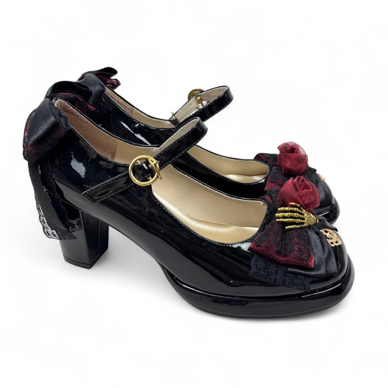 Black Goth Lolita Skeleton Rose Mary Jane Heels