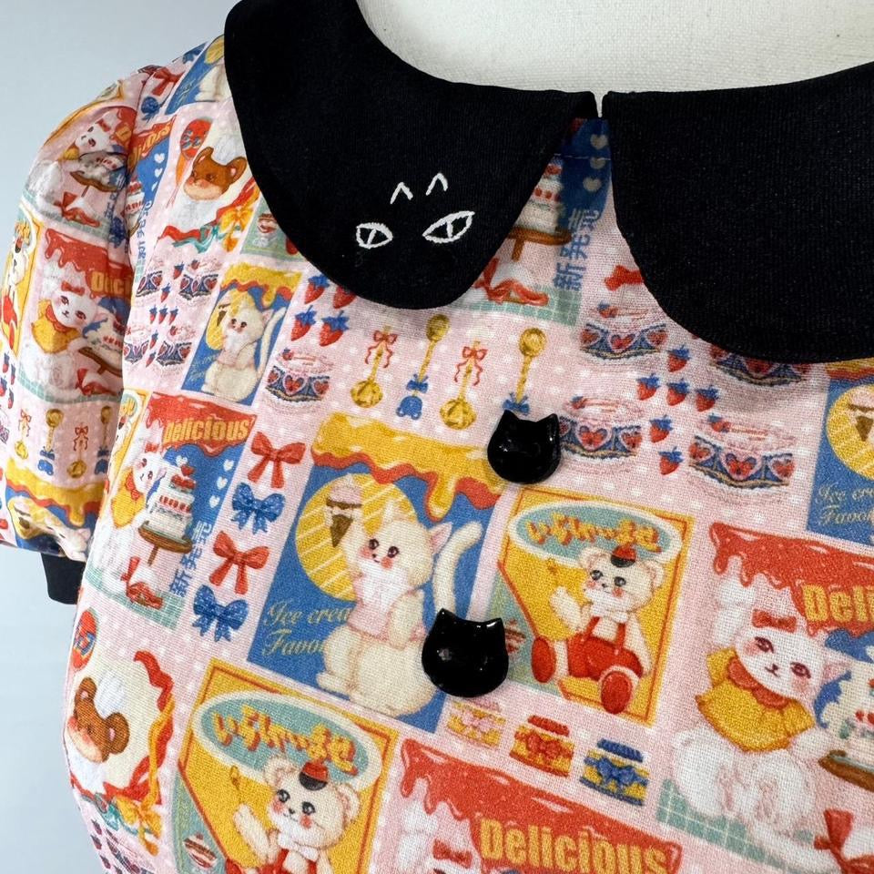 Kitty Face Collar Puff Sleeves Dress