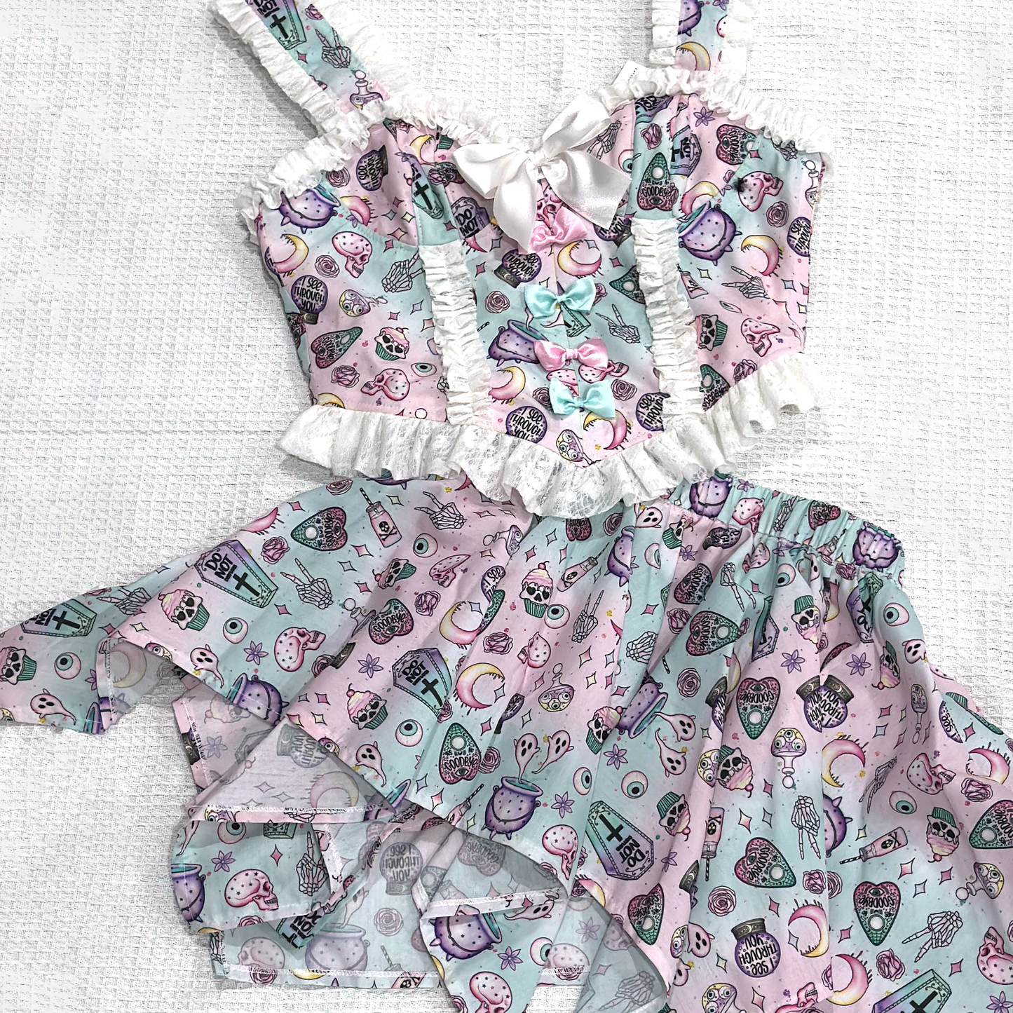 Two-Piece Pastel Sweet Gothic Skirt and Corset with Asymmetrical Hem