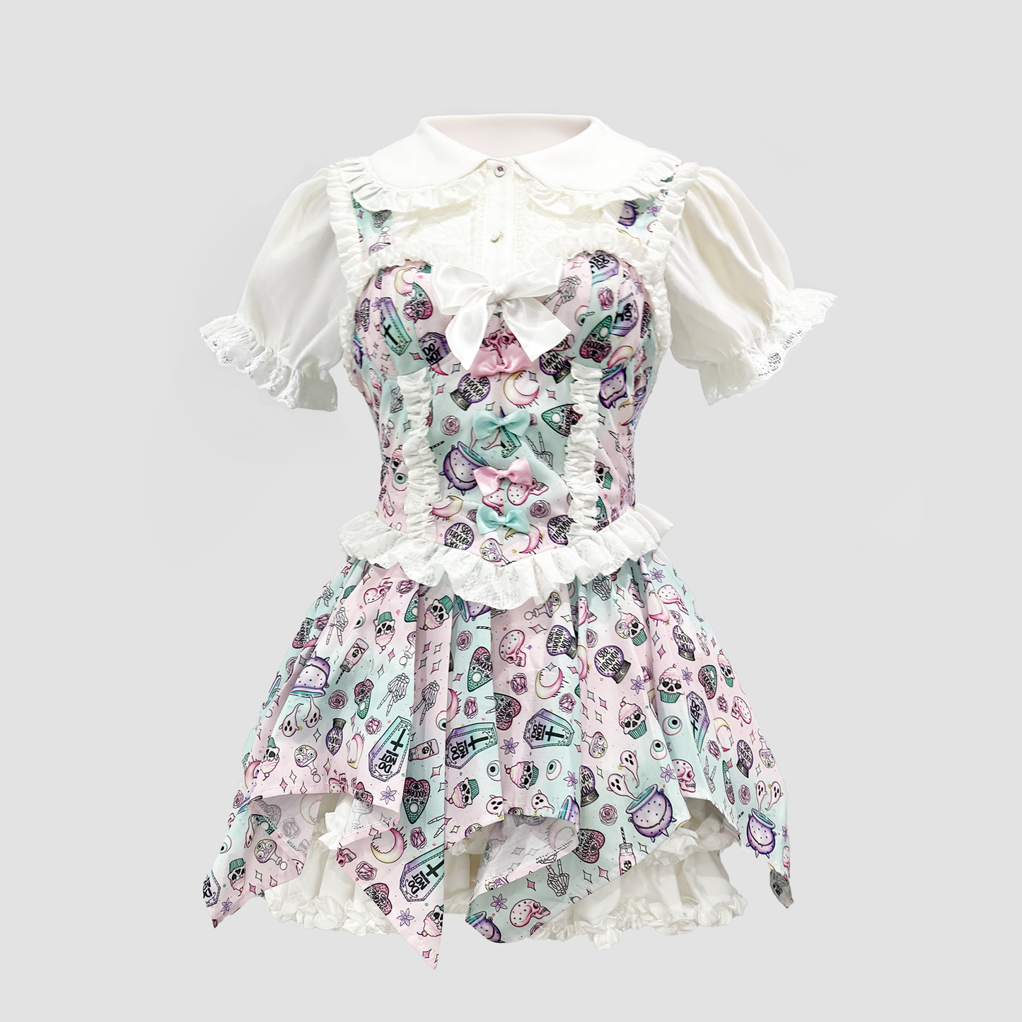 Two-Piece Pastel Sweet Gothic Skirt and Corset with Asymmetrical Hem