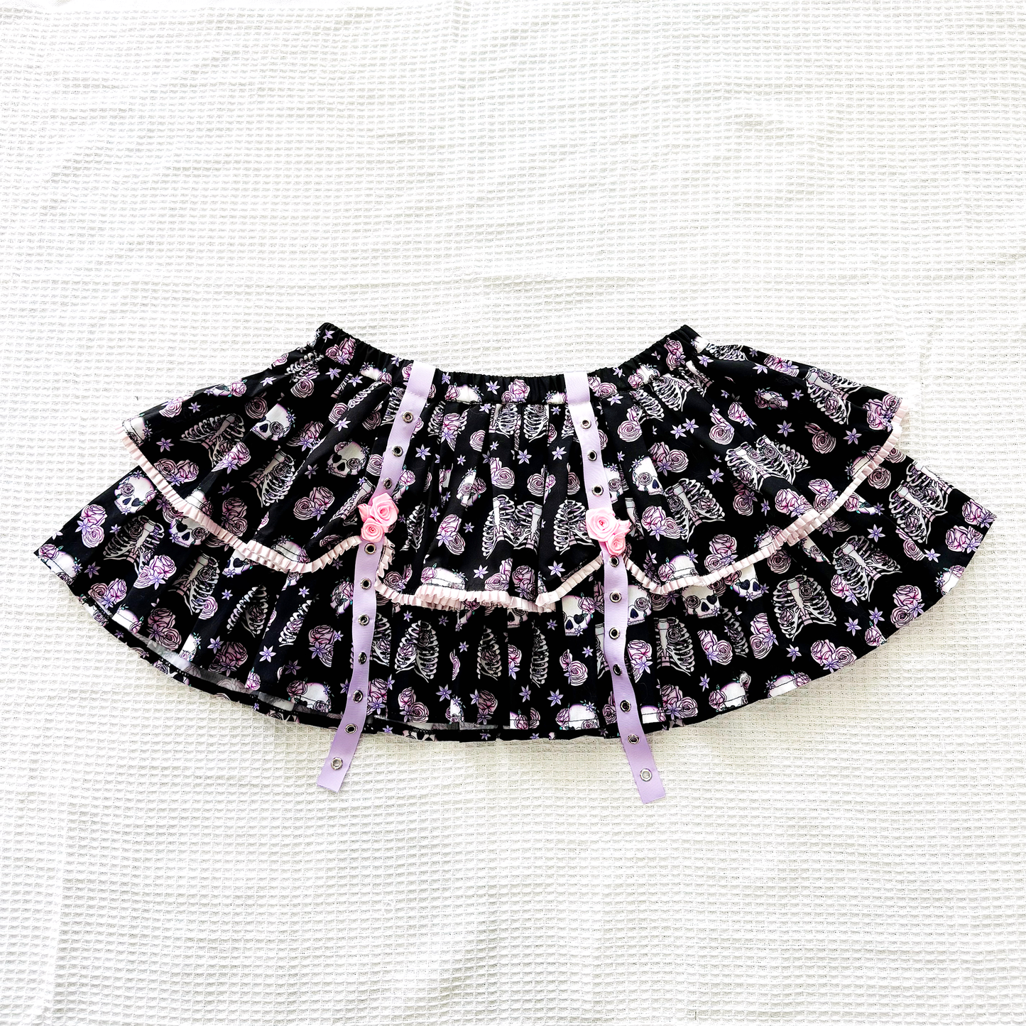 Black and Purple Skeleton and Flower Print Lower Waist Mini Skirt
