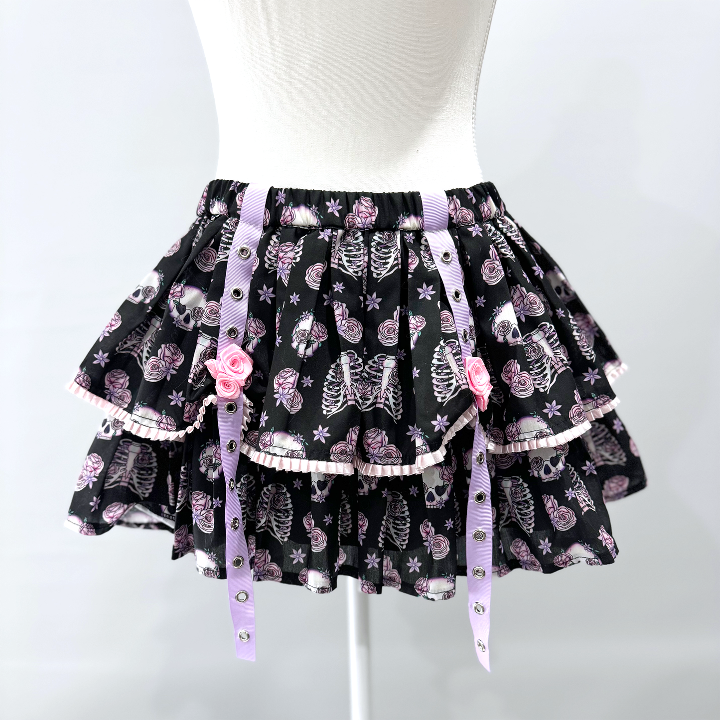 Black and Purple Skeleton and Flower Print Lower Waist Mini Skirt
