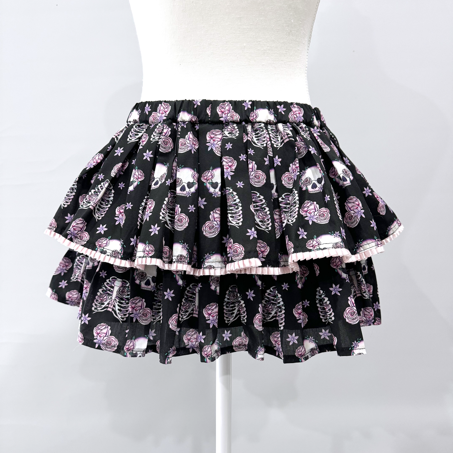 Black and Purple Skeleton and Flower Print Lower Waist Mini Skirt
