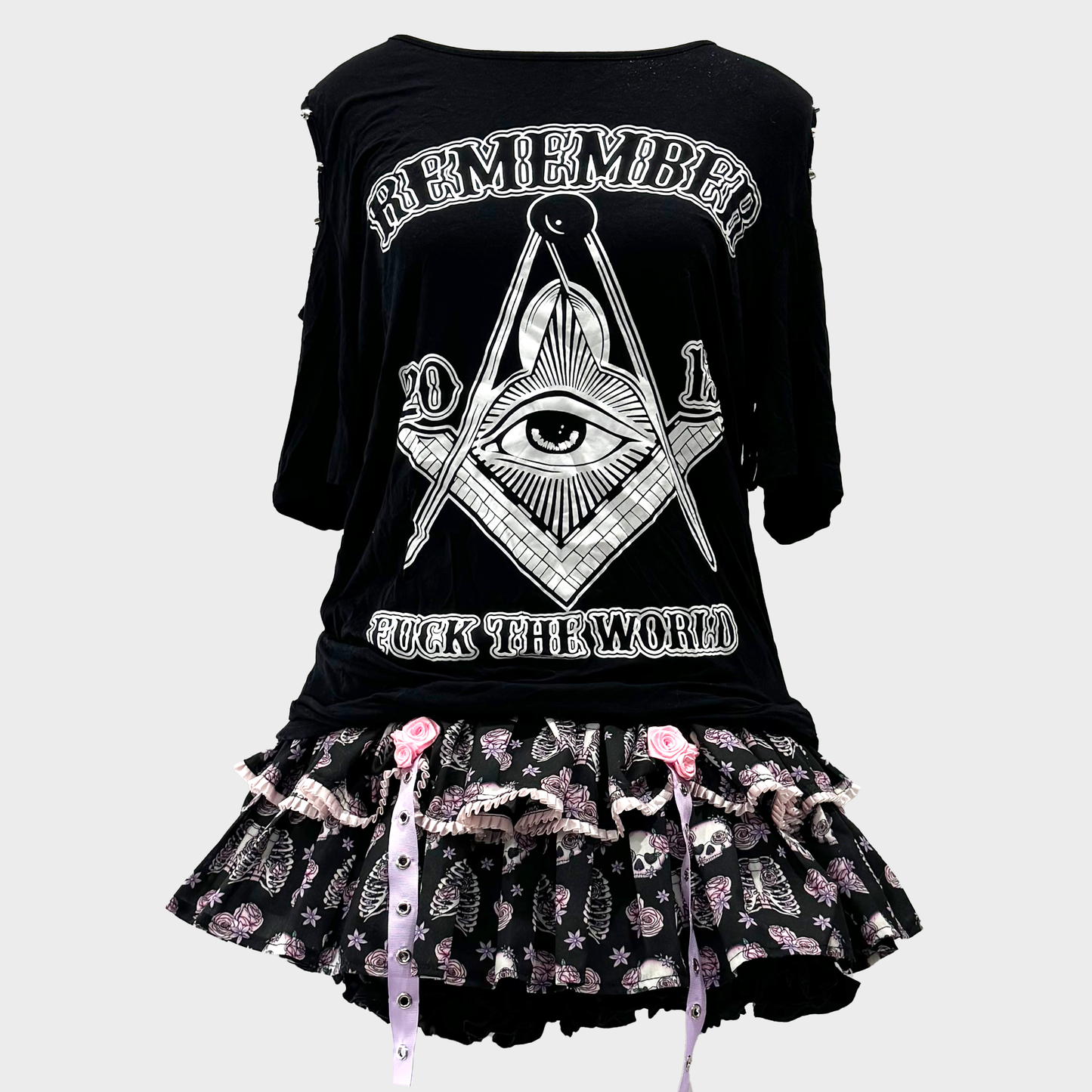 Black and Purple Skeleton and Flower Print Lower Waist Mini Skirt
