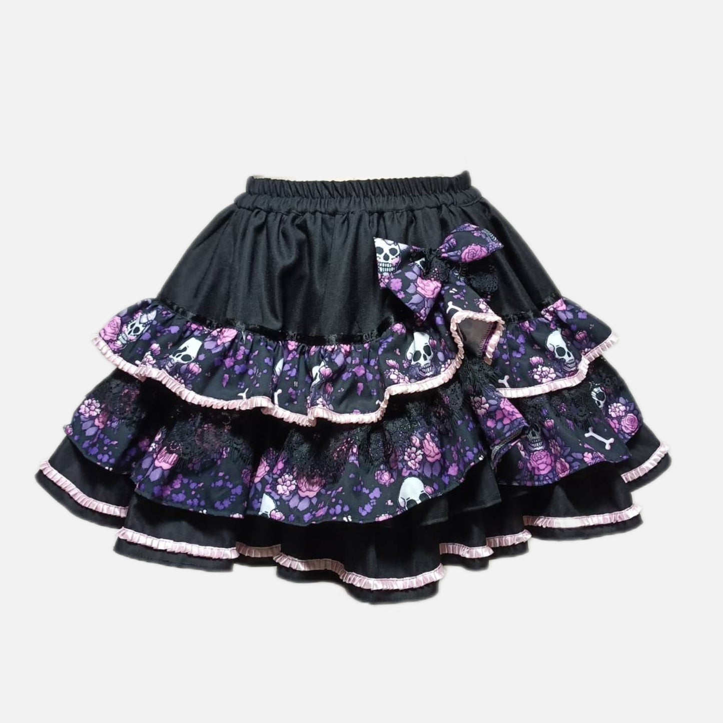Black and Purple Pixel Floral Skeleton Puffy Skirt