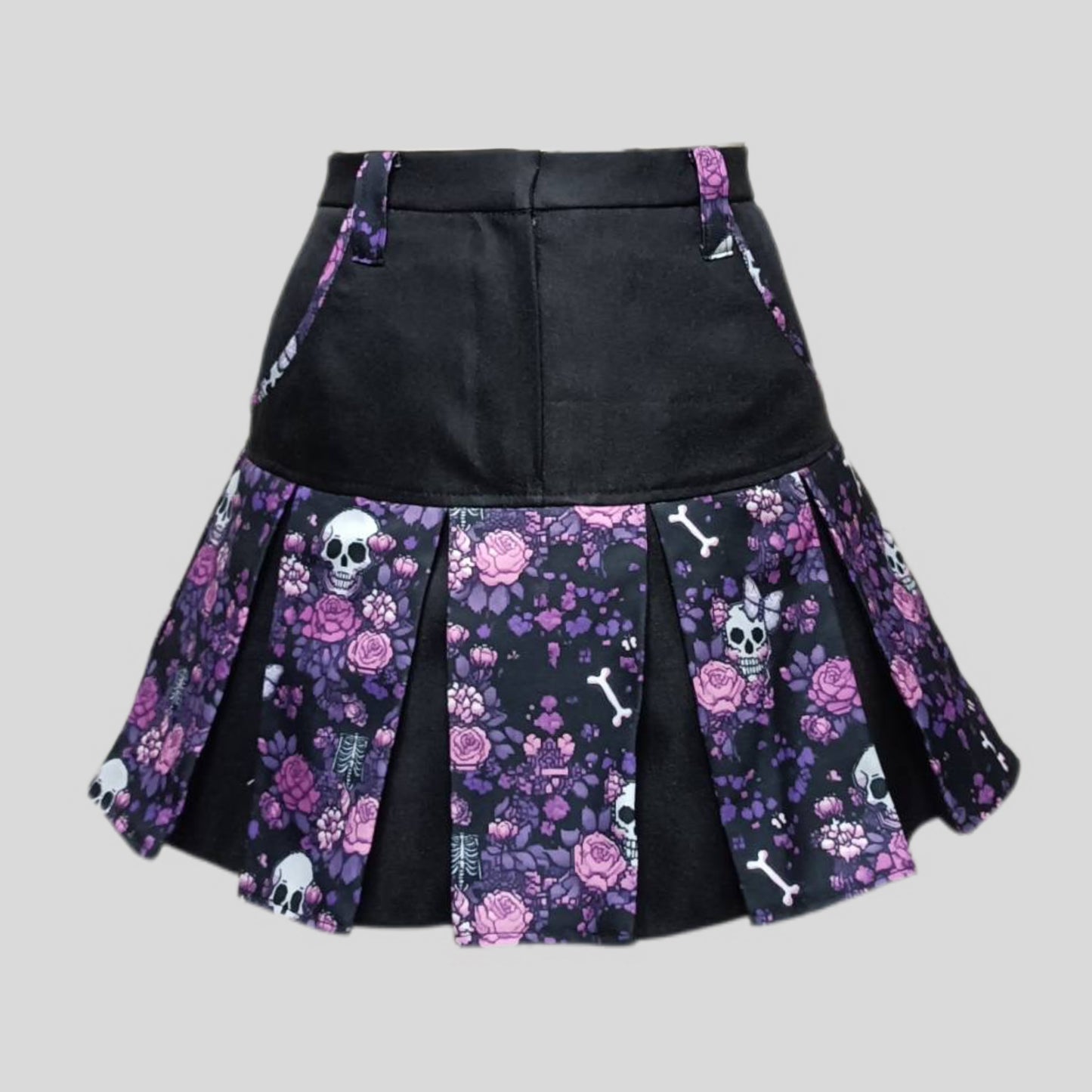 Black and Purple Pixel Floral Skeleton Pleated Skirt