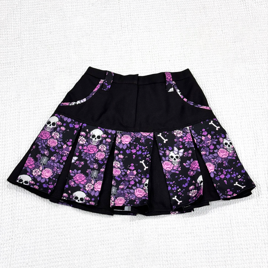Black and Purple Pixel Floral Skeleton Pleated Skirt