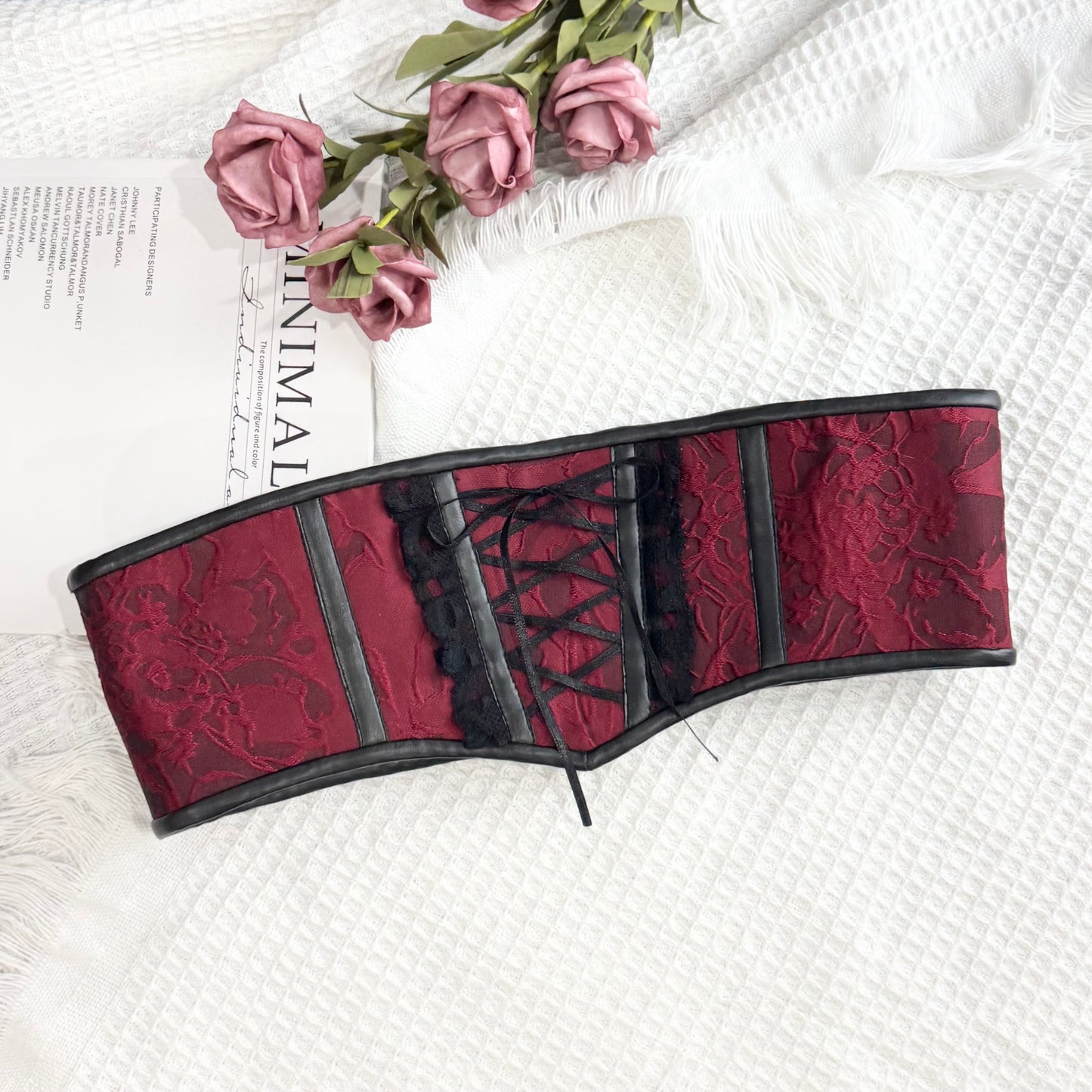 Floral Shadow Pattern Red and Black Waist Croset Belt