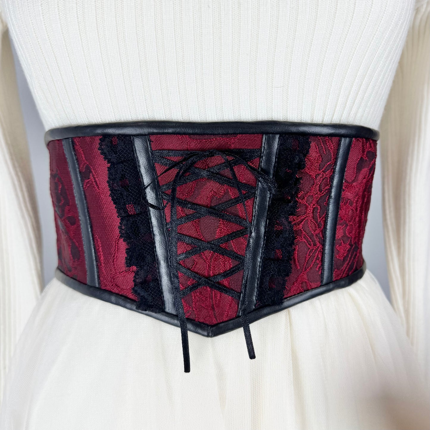 Floral Shadow Pattern Red and Black Waist Croset Belt