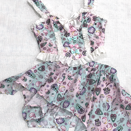 Two-Piece Pastel Sweet Gothic Skirt and Corset with Asymmetrical Hem