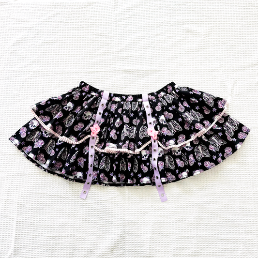 Black and Purple Skeleton and Flower Print Lower Waist Mini Skirt