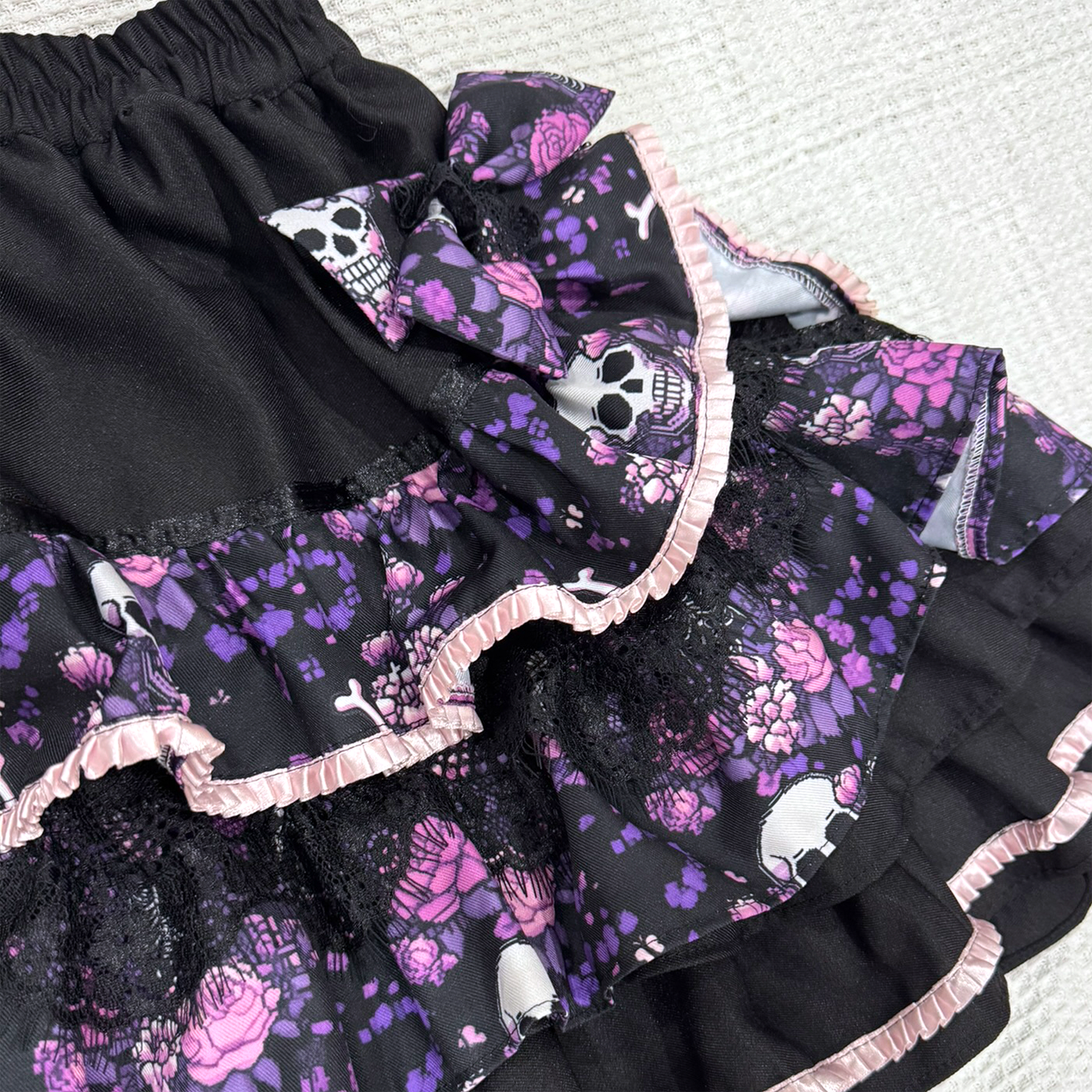 Black and Purple Pixel Floral Skeleton Puffy Skirt